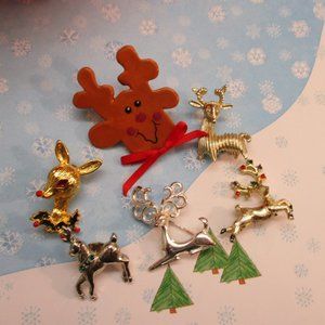 CHRISTMAS REINDEER Mixed Material Brooch Lot~6 Holiday Reindeer Brooches Vintage